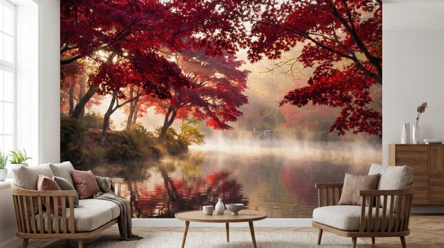 Modern minimalist living room featuring a stunning wall mural of a misty autumn lake with vibrant red maple trees at sunrise, creating a warm, peaceful, and elegant home interior design.