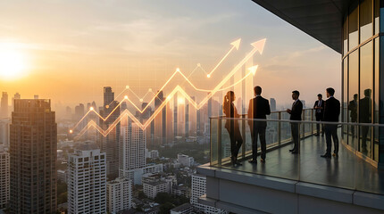 Obraz premium Business professionals on a rooftop overlooking a vibrant city skyline at sunset with an overlay of a glowing upward-trending growth chart, symbolizing success and future prospects.