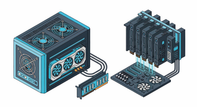 Modern computer hardware components for gaming and cryptocurrency mining.