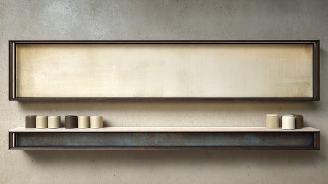 Minimalist horizontal display frame hangs above a narrow shelf holding small cylindrical objects