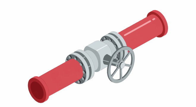 Red industrial pipe with valve and flanges isometric view.