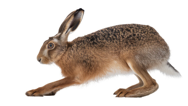 Brown hare with long ears in a crouched pose
