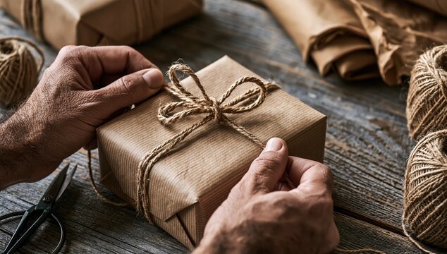 Hands tying a twine bow on a brown kraft paper gift box. Rustic gift wrapping on a wooden table. Handmade eco friendly packaging concept