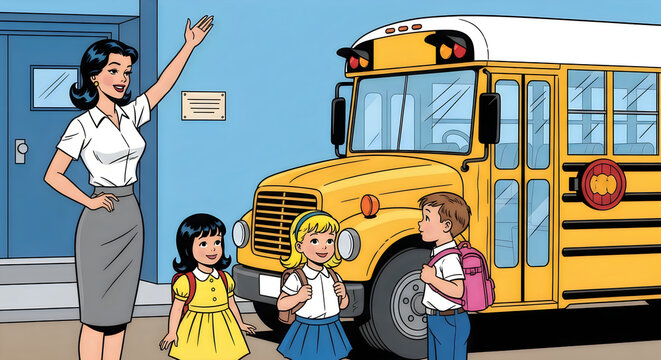 Retro style illustration of a school bus picking up children with a welcoming teacher
