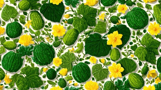 Vibrant green gourds and bright yellow blossoms create a dense botanical pattern.