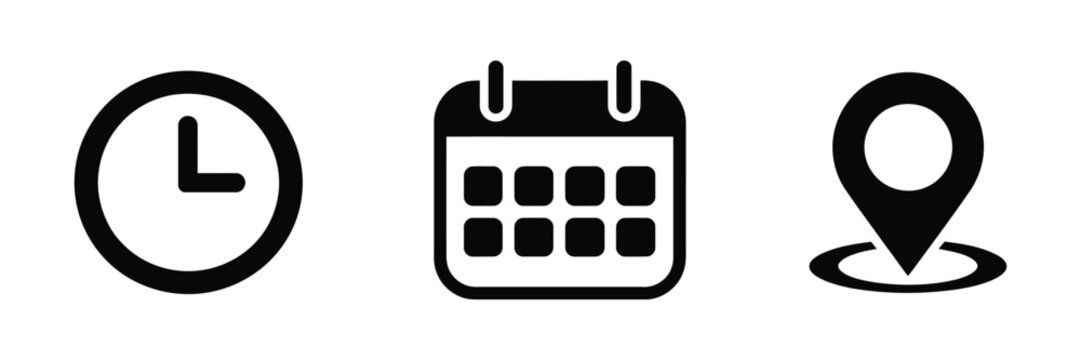 Time date and location icon set, clock calendar pin vector illustration, scheduling and appointment symbols