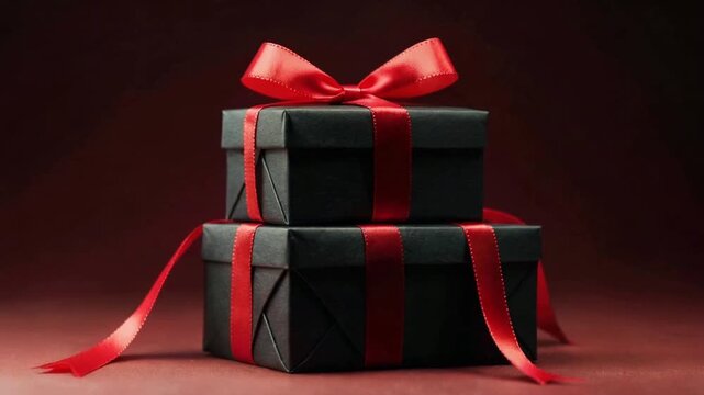 Elegant black luxury gift boxes with red satin ribbons for holiday celebrations