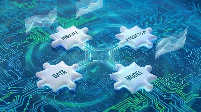 Four glass puzzle pieces labeled data, model, prediction, and insight arranged on a glowing blue circuit board representing artificial intelligence