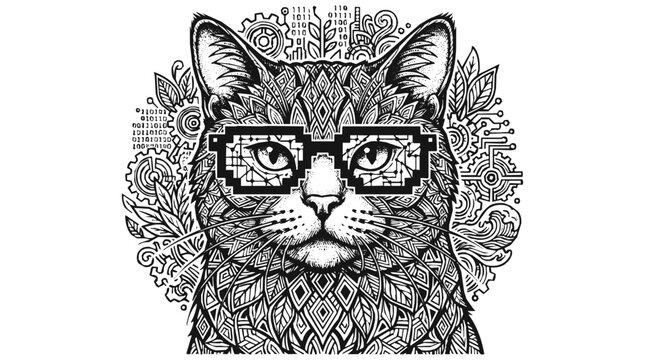 Stylized cat wearing pixel glasses surrounded by binary code and gears in an intricate pattern of black and white line art