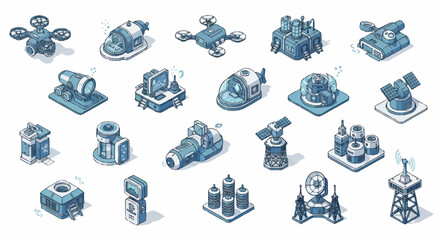 Collection of futuristic military and industrial buildings and vehicles. © berkah nikah