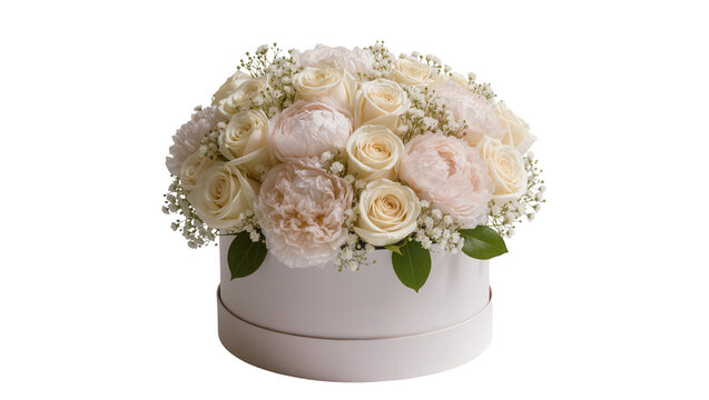 Creamy white roses and peonies floral arrangement in a round hat box