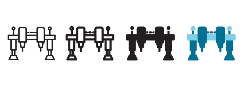 Gantry robot icon with overhead rail structure and dual automated tooling heads representing smart factory large scale assembly, digital manufacturing linear pick and place systems, and technology.