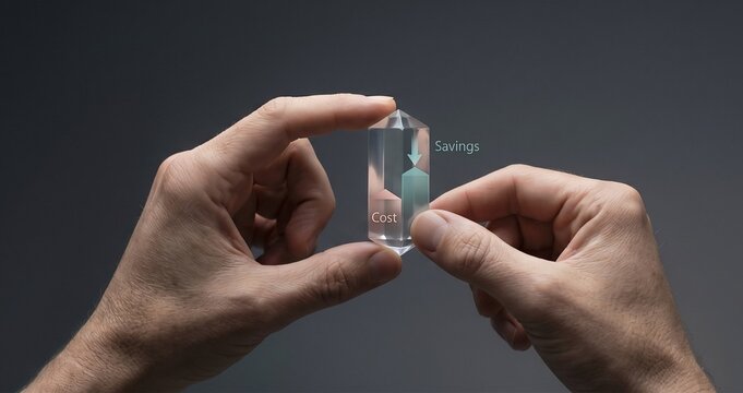 Hands holding crystal prism illustrating cost reduction concept with savings arrow symbolizing financial efficiency strategy
