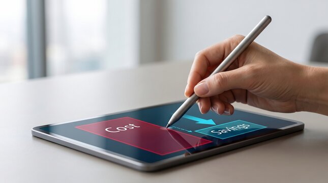 Business professional using digital stylus pen to optimize financial costs and increase savings on a modern tablet screen