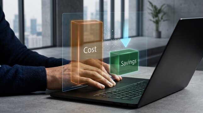 Business professional using laptop to analyze financial cost reduction and savings growth via interactive digital hologram