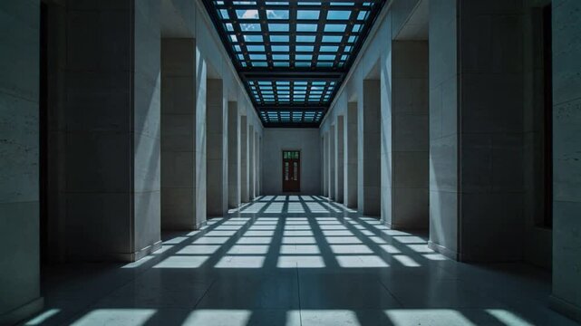 Shifting sun angle, sunlight casting grid shadows across central corridor at museum, with skylight
