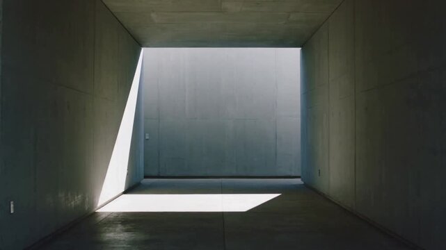 Shifting sunlight entering opening and sliding across concrete passage, revealing outlet plates