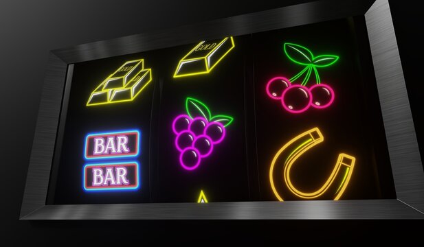 Neon Casino Slots Machine with Random Items - 3d illustration