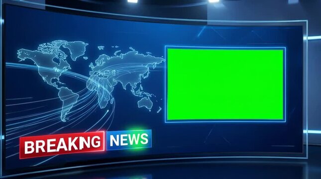 Breaking news broadcast studio background with green screen and world map graphic television communication journalism information technology television communication journalism