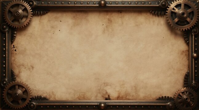 Steampunk border frame surrounds aged parchment paper. Metal gears and rivets create a rustic, vintage look. Industrial design elements frame a blank canvas for text or images.