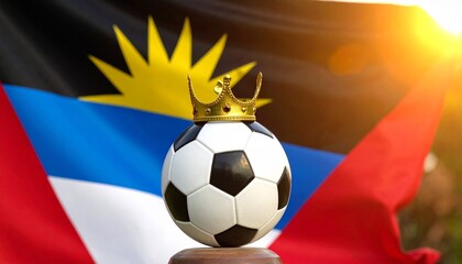 Fototapeta premium Crowned soccer ball before Antigua flag radiates resilience, clarity, and triumph; a vivid emblem of national pride, excellence, and transformation within sport.