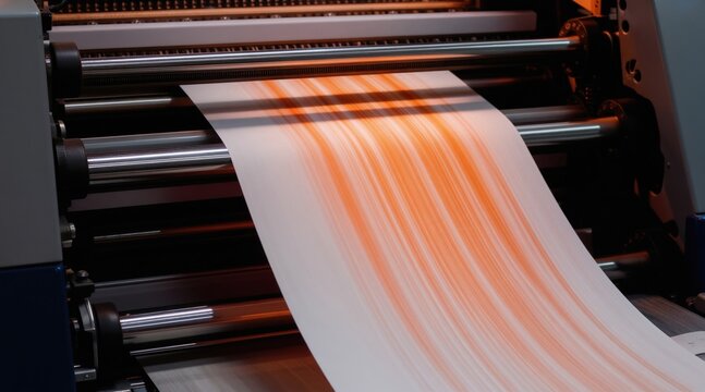 Offset printing machine in operation. Paper moves through rollers with orange ink streaks. Industrial printing process creates commercial products with fast-paced automation in a factory setting.