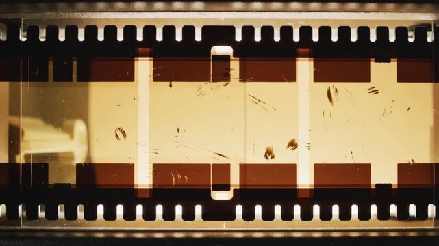 Advancing 35mm film strip moving through projector gate after sprocket engagement, for projection