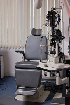 Examining chair and eye test equipment in a doctor's office