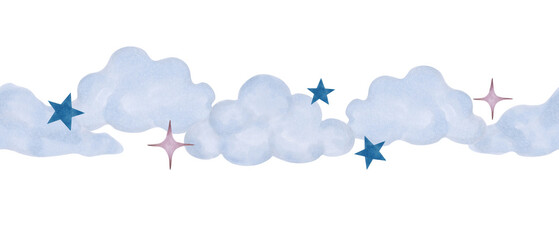 Fototapeta premium Horizontal frame with clouds and stars. Hand drawn watercolor art. Celestial themed template for a nursery and nursery design, wall decals, wallpaper. Sky and stars for a baby's room, birthday party