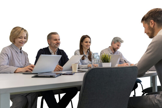 Job interview process. Human resources, meeting and group of hiring candidates for vacancy on a transparent background