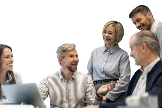 Business team discussing together business plans on a transparent background