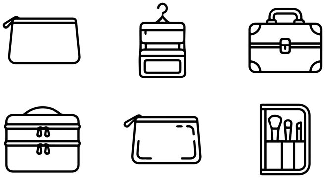 Cosmetic Bag Icons, Makeup Pouch Vector Set, Toiletry Organizer Graphics, Beauty Case Illustrations, Travel Accessory Line Art