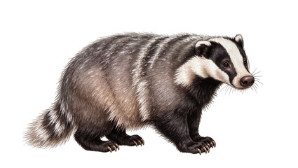 European Badger with distinctive black and white striped face and grey fur © Lukas
