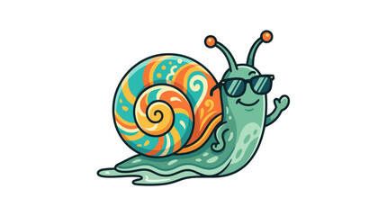 Cool cartoon snail with sunglasses and colorful shell waving hello © Ketik