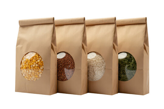 Four brown paper food bags with circular transparent windows displaying various dry grains, seeds, and legumes, arranged in a row