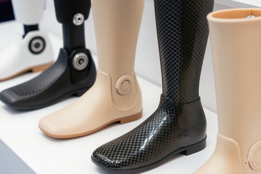 Collection of modern artificial legs with diverse designs, materials, including carbon fiber, skin tone options. Prosthetic limbs represent advanced mobility aids for amputees, emphasizing comfort,
