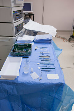 Surgical equipment on table in an operating room