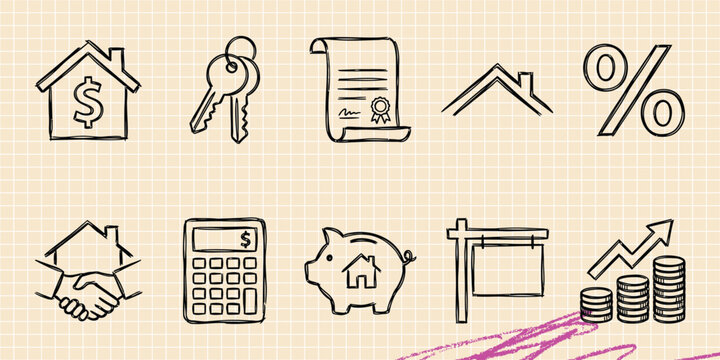 Black ink scribble doodle vector vintage hand drawn set of office workspace computer desk and business furniture
