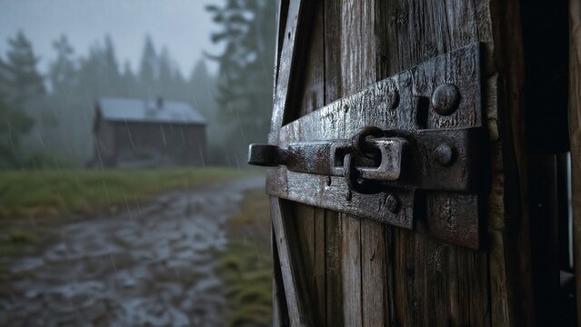 Weathered barn door with a heavy metal hasp swaying in a rainy atmosphere.