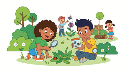 Naklejka premium Outdoor summer camp activities Children exploring nature and insects with magnifying glass and bug jar