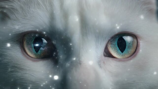 Extreme Close Up of White Cat Face Emerging from Cosmic Stardust Nebula, Dreamy Fantasy Motion Background in Full HD Resolution