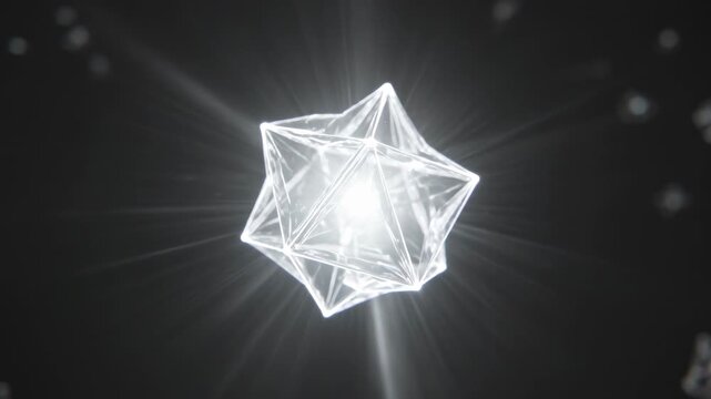 Rotating faceted polyhedron pulsing core causing shifting light beams in dark void with lens flares
