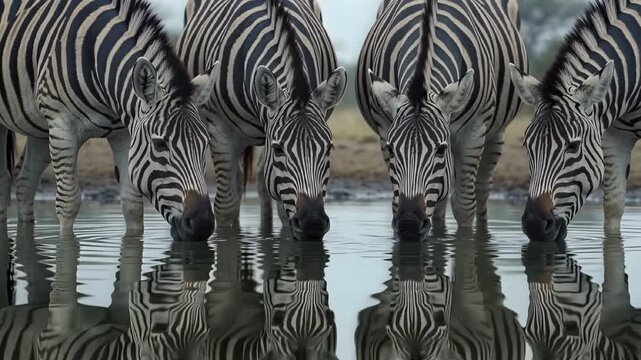 Zebras Drinking from Glassy Waterhole with Flawless Reflection (Slow Motion)