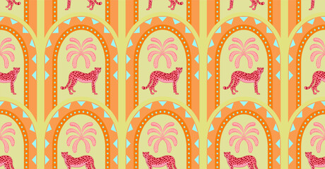 Vector Hand drawn colourful geometric flowers, palm tree,pink cheetah seamless patterns for fabric tropical Pattern, textiles, clothing, wrapping paper, backdrop, banner.  © nongnuch_l