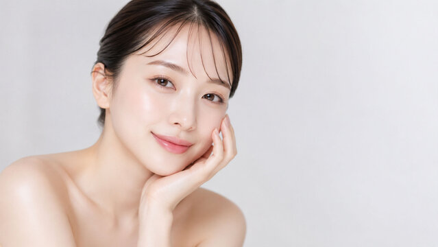 ライトグレーのミニマルな背景の前で、頬に手を添えてやさしく微笑む若い女性を捉えた、上品で清潔感のあるナチュラルビューティーポートレート。透明感のある素肌、やわらかな艶感、整えたまとめ髪、ヌーディーで洗練された表情が印象的で、スキンケア、保湿化粧品、美容液、素肌美、エステ、フェイスケア広告に適した商業向け人物素材