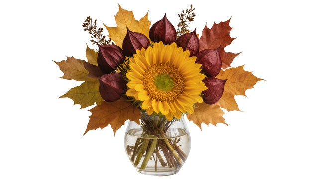 Sunflower and autumn leaves in glass vase