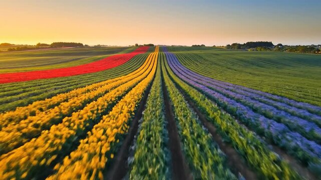 Colorful rows of flowers stretching across rolling hills at sunset with a dynamic motion blur effect