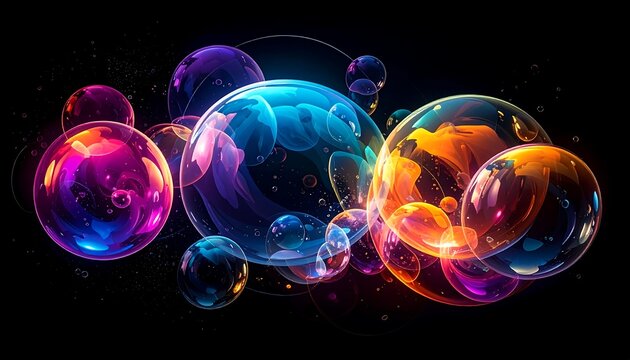 Colorful, transparent orbs float against a black background, reflecting intricate patterns and vibrant hues of blue, purple, orange