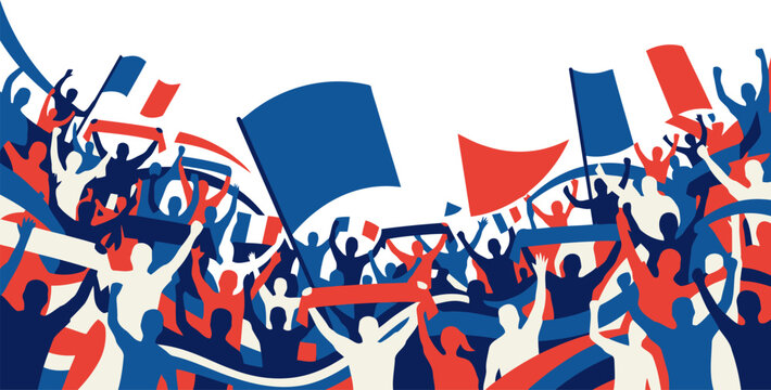 Crowd of cheering sports fans with flags and scarves