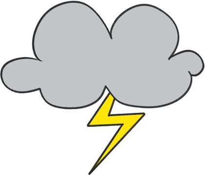 Hand drawn gray storm cloud with yellow lightning bolt, isolated thunderstorm weather illustration for forecast and rainy season designs.